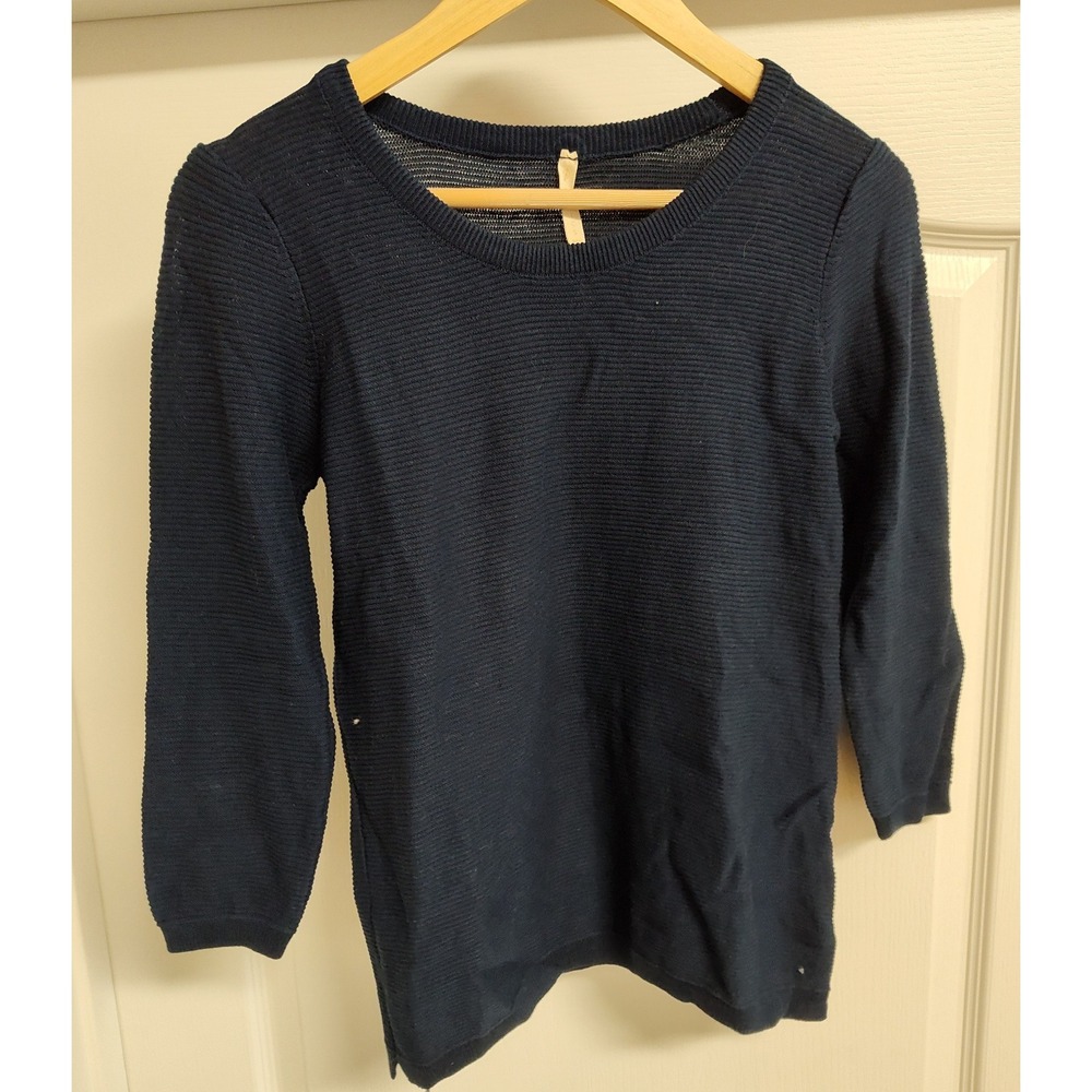 Stradivarius Basics Navy Blue Ribbed Knit 3/4 Sleeve Scoop Neck Sweater Size M